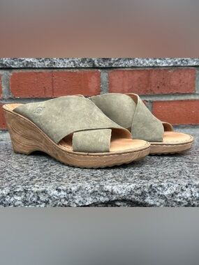 Born Olive Suede Crisscross Wedge Sandals